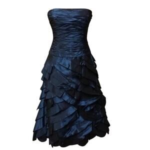 Teri Jon Strapless Cocktail Dress Midnight Teal Tafetta Sz 12 100% Silk